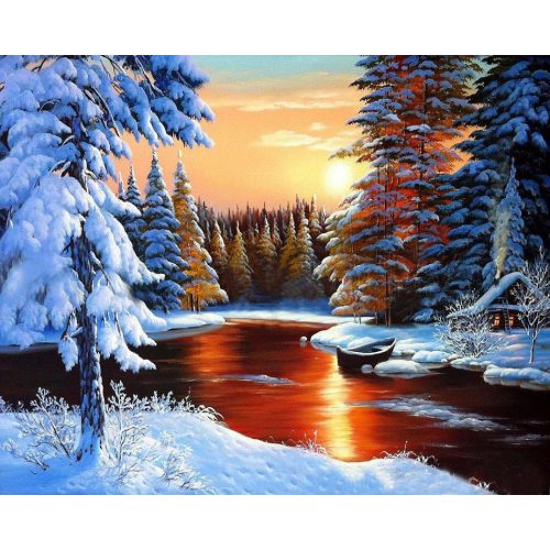 Téli táj hímző készlet 40x50 cm-es vászonnal keresztszemes hímzés