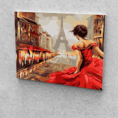 Piros ruhás nő Párizsban festés számok alapján kreatív készlet kerettel