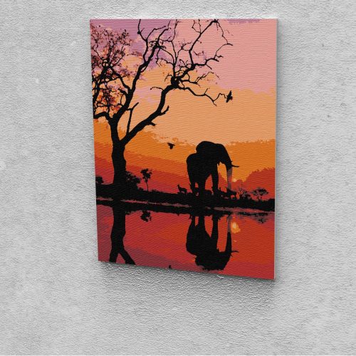 Elefánt a naplementében festés számok alapján kreatív készlet keret nélkül