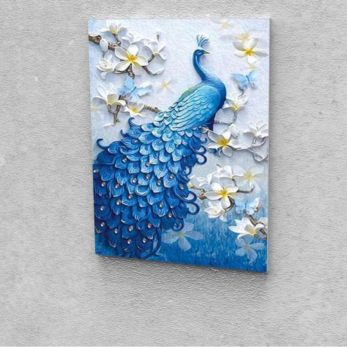 Kék páva festés számok alapján kreatív készlet kerettel 40×50