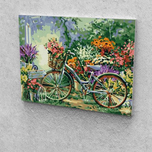 Bicikli a virágos kertben festés számok alapján kreatív készlet keret nélkül 40x50