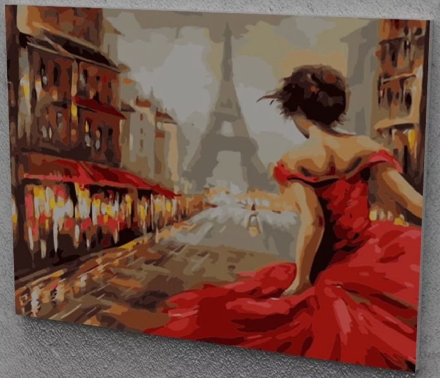   Piros ruhás nő Párizsban festés számok alapján kreatív készlet kerettel
