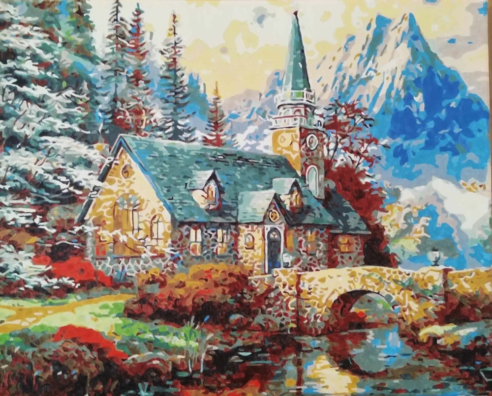   Templom a folyóparton festés számok alapján kreatív készlet kerettel 40x50

